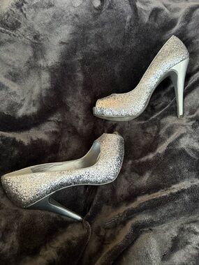 Women's Silver Glitter Peep-Toe High Heels